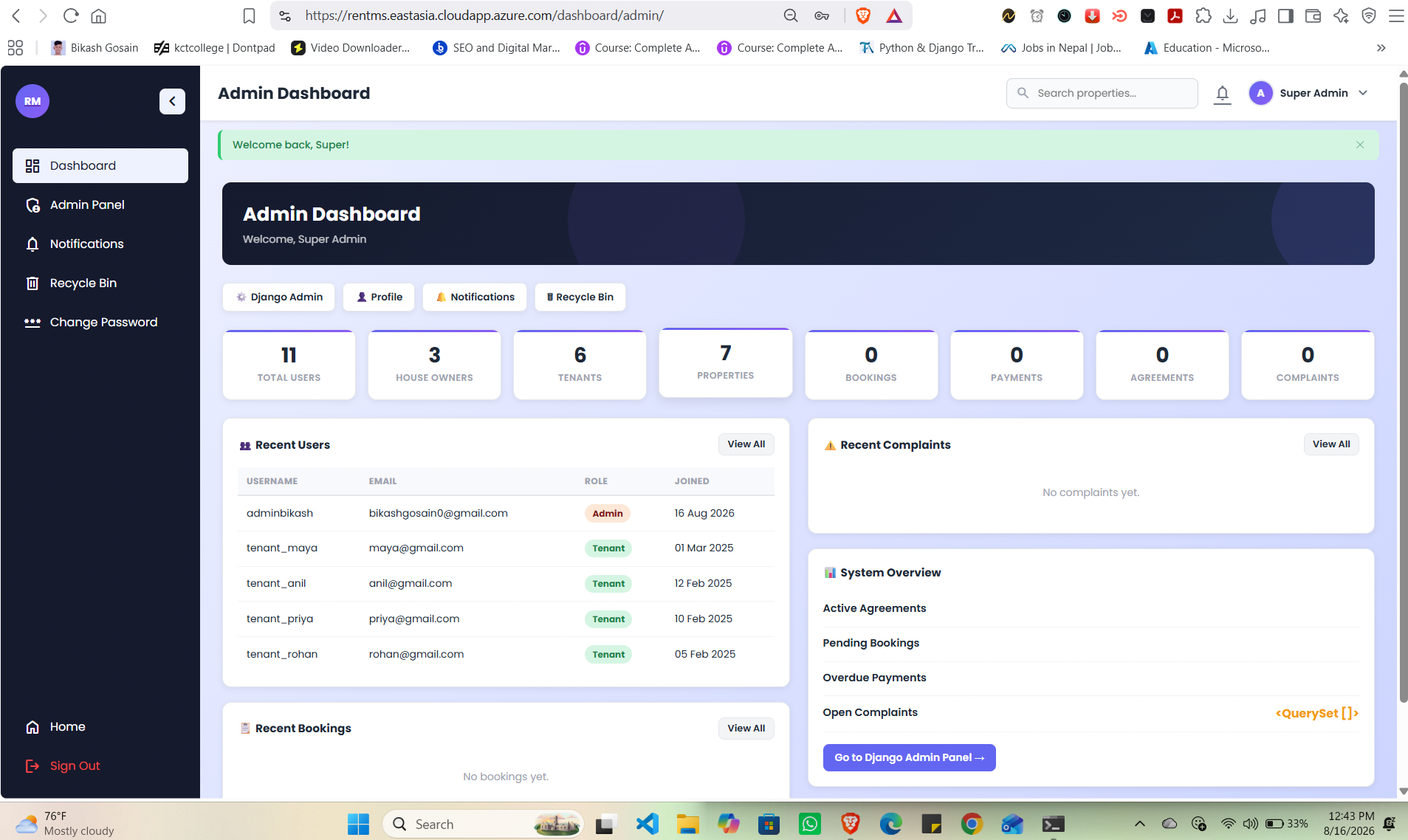 RentMS admin page on Azure